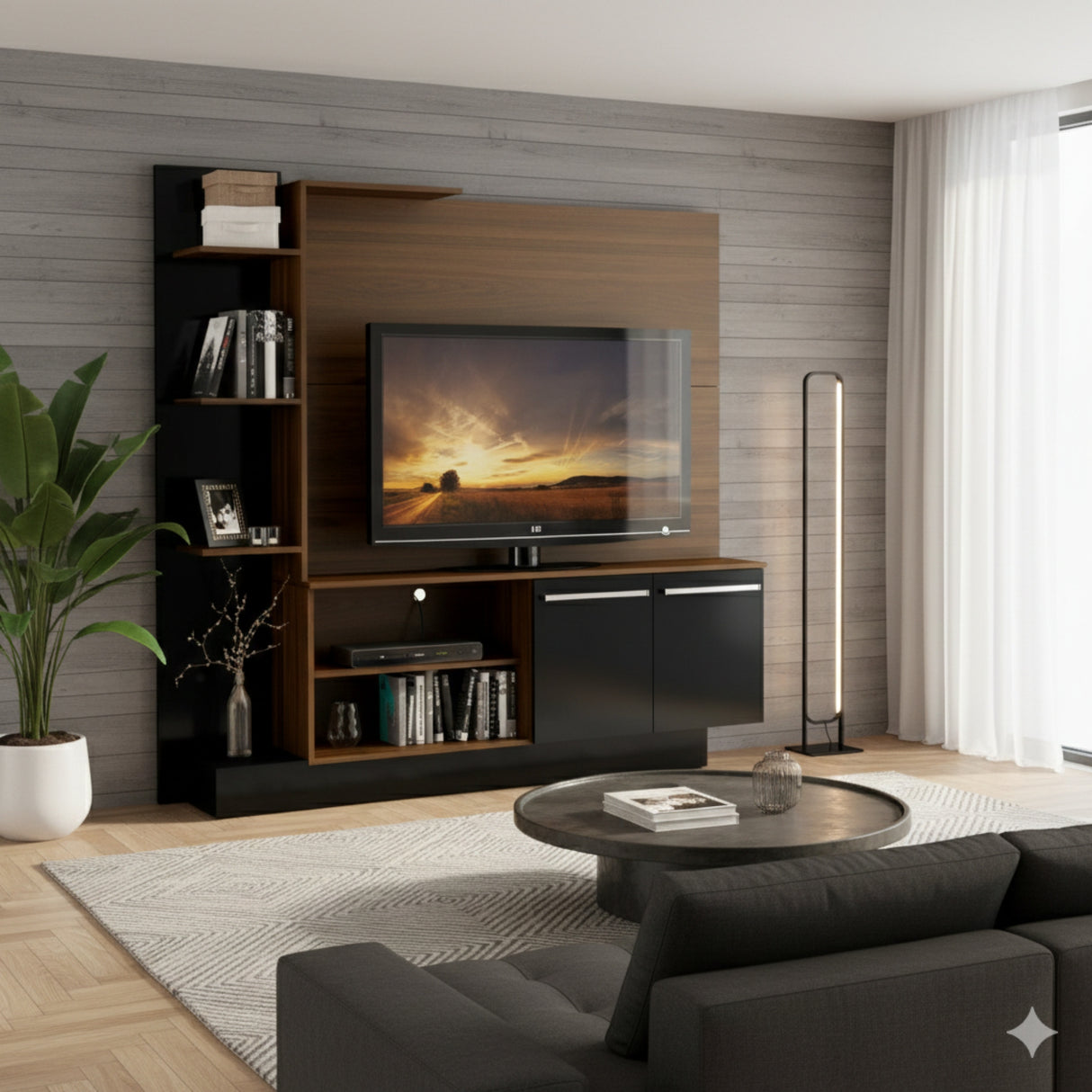 Centro de Entretenimiento Colon Negro y Marrón 165x164cm para Tv Hasta 55" Pulgadas con Un Cajón y con Seis Compartimientos - MUEBLES DE TV | Bylmo