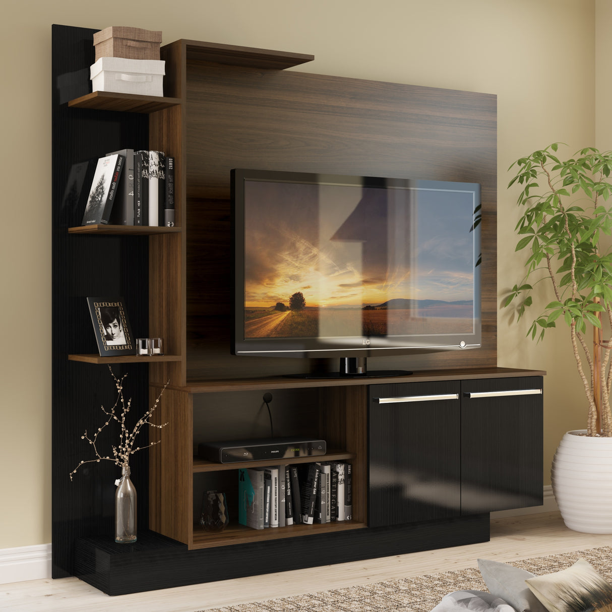 Centro de Entretenimiento Colon Negro y Marrón 165x164cm para Tv Hasta 55" Pulgadas con Un Cajón y con Seis Compartimientos - MUEBLES DE TV | Bylmo