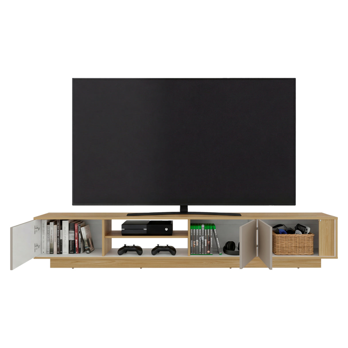 Rack de TV Maldivas Fresno Europeo y Capri 230x40cm para TV Hasta 85" Pulgadas con Dos Compartimientos - MUEBLES DE TV | Bylmo