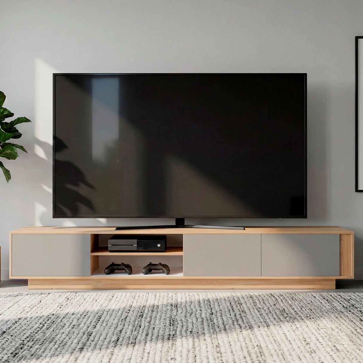 Rack de TV Maldivas Fresno Europeo y Capri 230x40cm para TV Hasta 85" Pulgadas con Dos Compartimientos - MUEBLES DE TV | Bylmo