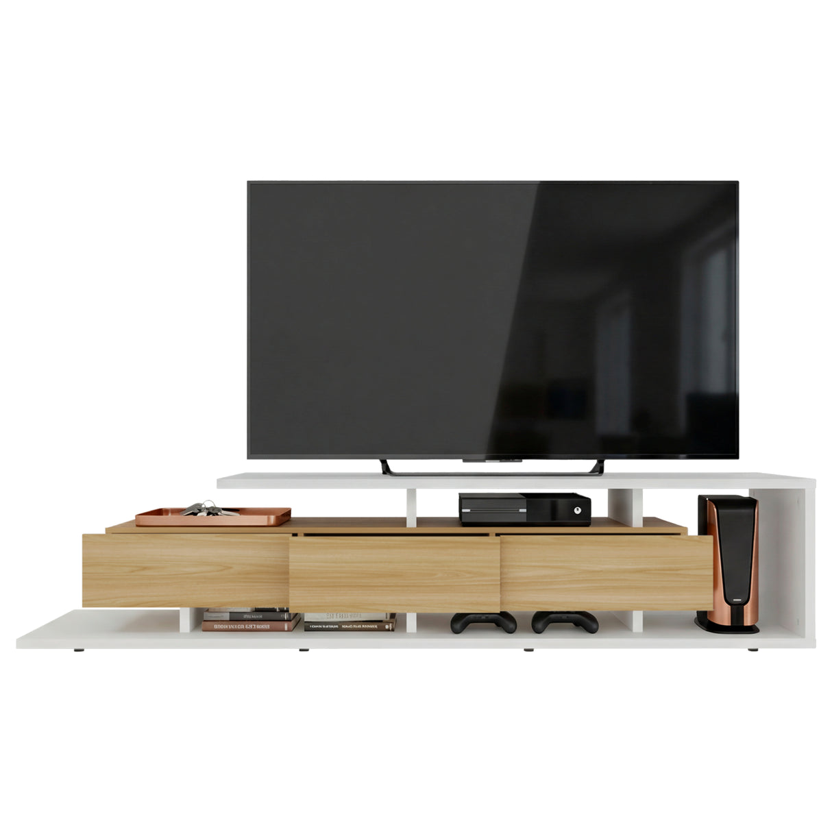 Rack de TV Quito Blanco Marquez y Fresno 200x44.4cm para TV Hasta 65" Pulgadas con Cuatro Compartimientos - MUEBLES DE TV | Bylmo