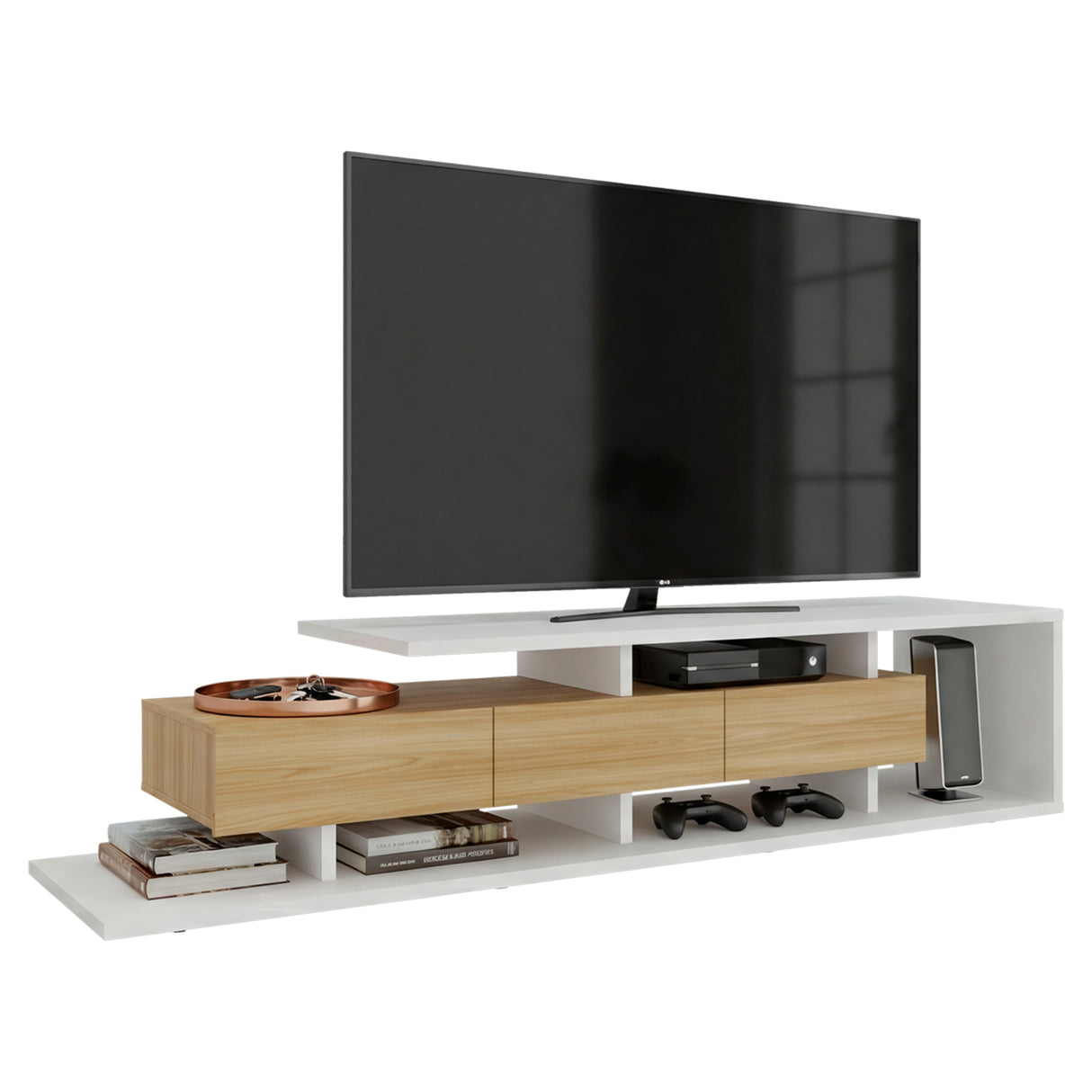 Rack de TV Quito Blanco Marquez y Fresno 200x44.4cm para TV Hasta 65" Pulgadas con Cuatro Compartimientos - MUEBLES DE TV | Bylmo