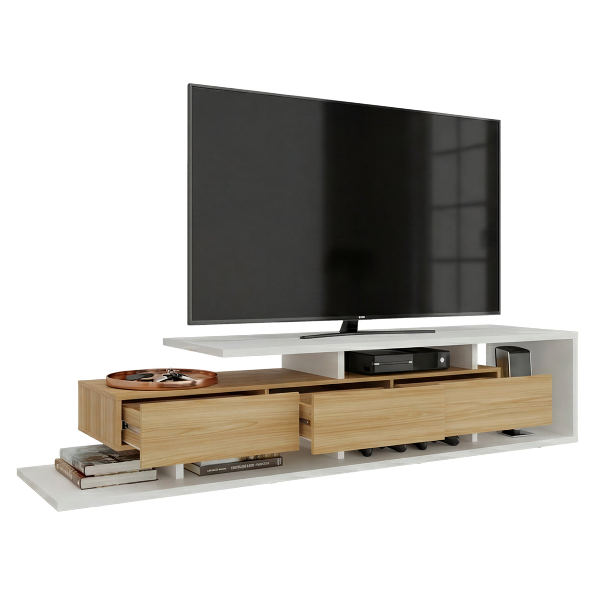 Rack de TV Quito Blanco Marquez y Fresno 200x44.4cm para TV Hasta 65" Pulgadas con Cuatro Compartimientos - MUEBLES DE TV | Bylmo