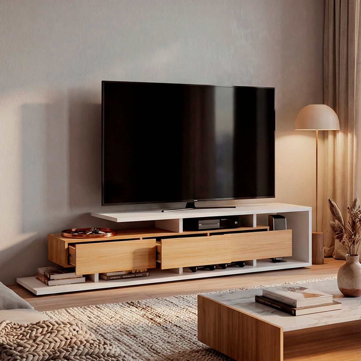 Rack de TV Quito Blanco Marquez y Fresno 200x44.4cm para TV Hasta 65" Pulgadas con Cuatro Compartimientos - MUEBLES DE TV | Bylmo