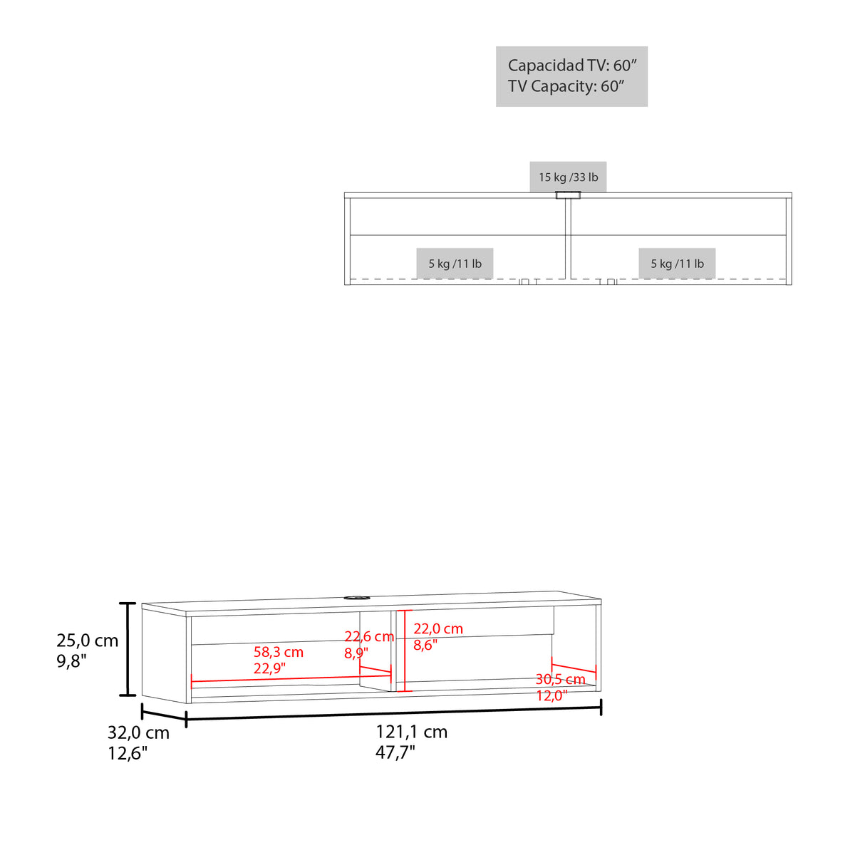 Rack de TV Rockwood Blanco 121.1x25.3cm para TV Hasta 55" Pulgadas con Dos Compartimientos y con Ranura para Cables - MUEBLES DE TV | Bylmo