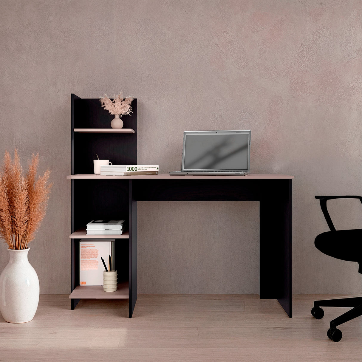 Escritorio Office Wengue y Bardolino 110x110cm sin Cajones y con Organizador de Libros - ESCRITORIOS | Bylmo