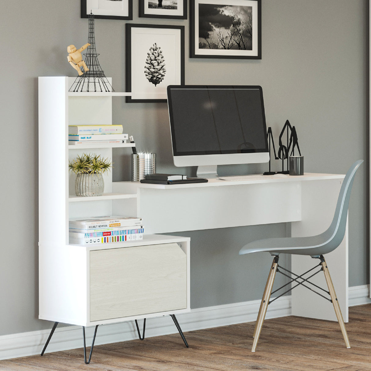 Escritorio Trix Niebla y Blanco 142x120cm con Organizador de Libros