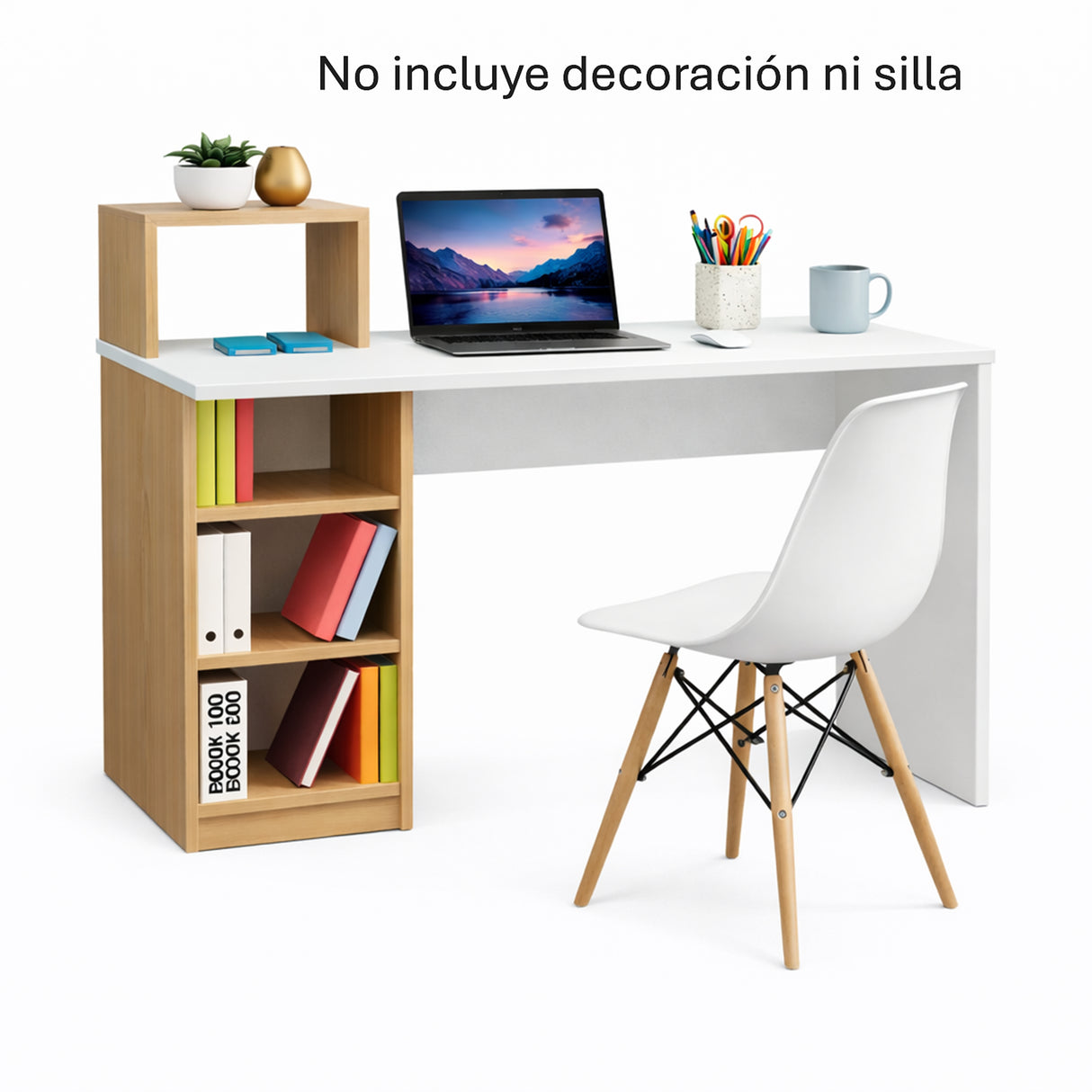 Escritorio College Blanco y Madera Clara Natural 100x91.5cm con Organizador de Libros