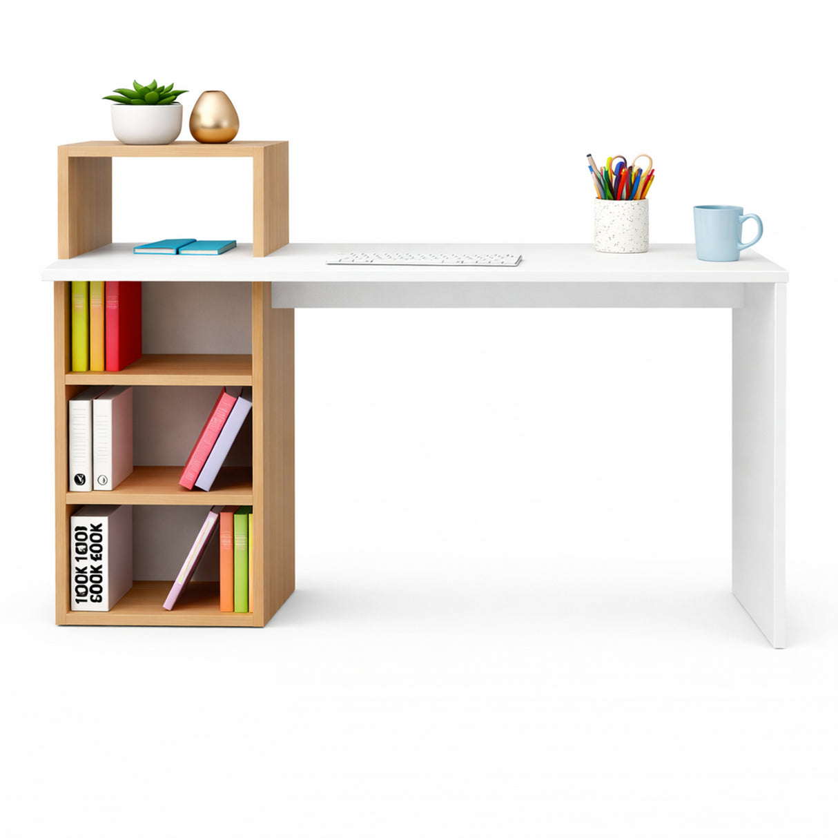 Combo Escritorio y Silla College Madera Clara Natural y Blanco 100x91.5cm con Organizador de Libros - ESCRITORIOS | Bylmo