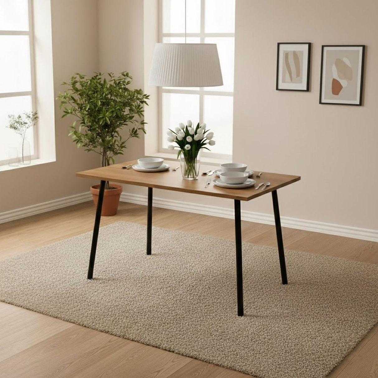 Mesa de Comedor Madera Oscura y Negro 110x75cm Rectangular de Seis Puestos sin Sillas y con Patas Metálicas