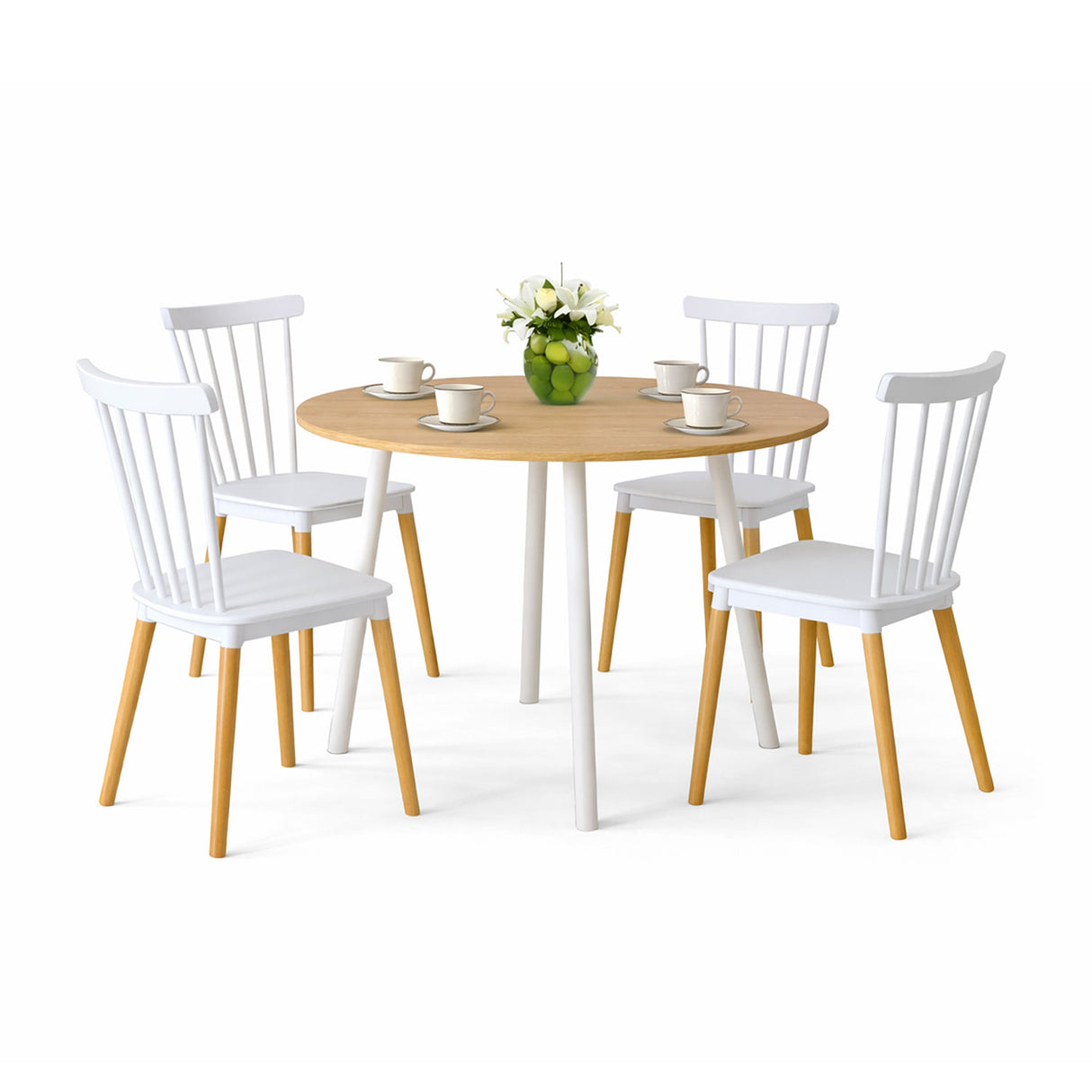 Comedor Guam Madera Clara Natural y Blanco 80x75cm Circular de Cuatro Puestos con Cuatro Sillas