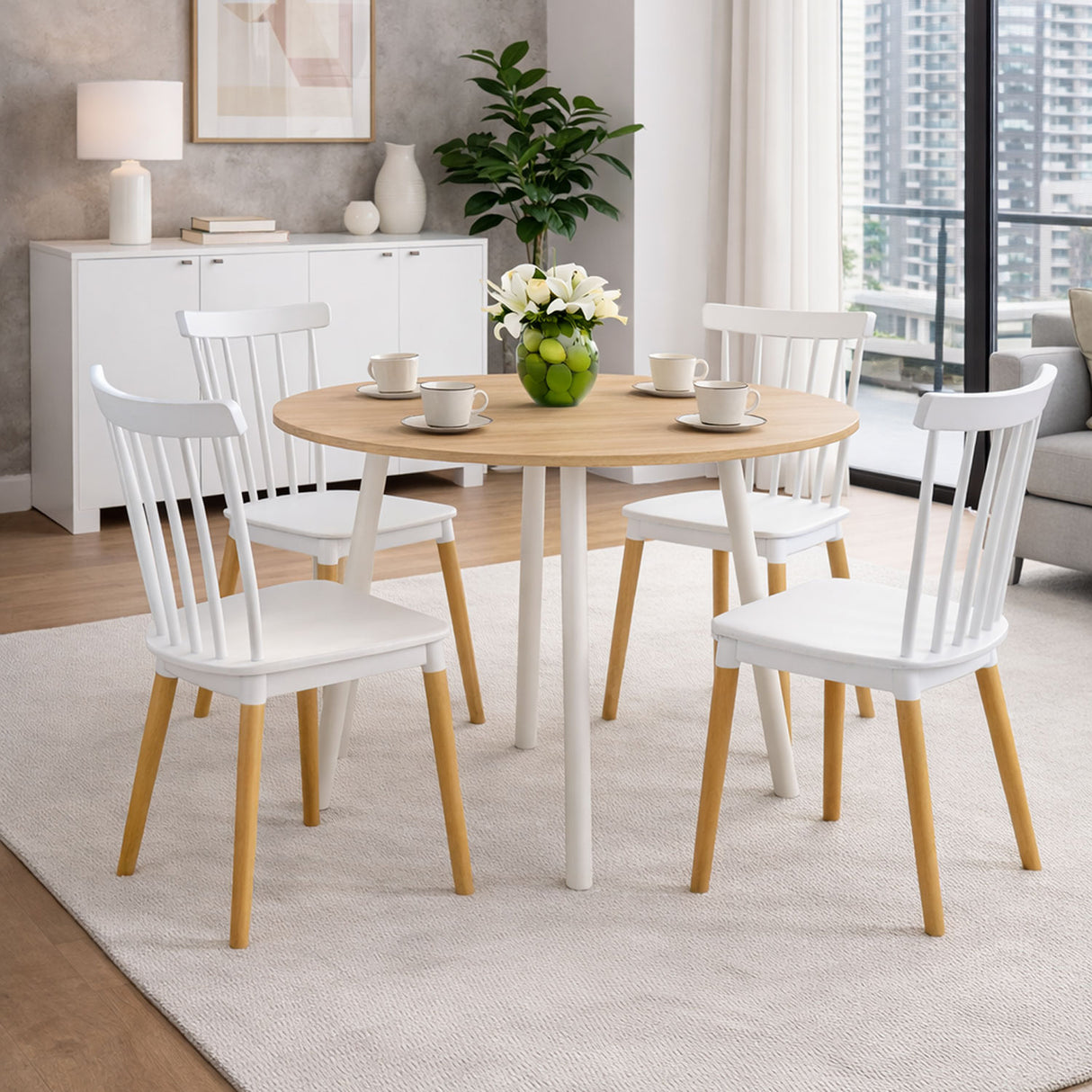 Comedor Guam Madera Clara Natural y Blanco 80x75cm Circular de Cuatro Puestos con Cuatro Sillas