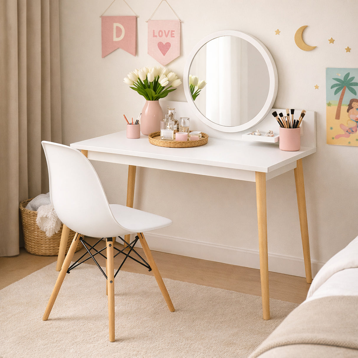 Combo Tocador Nice Blanco 100x135cm con Silla Eames y Espejo - TOCADORES | Bylmo