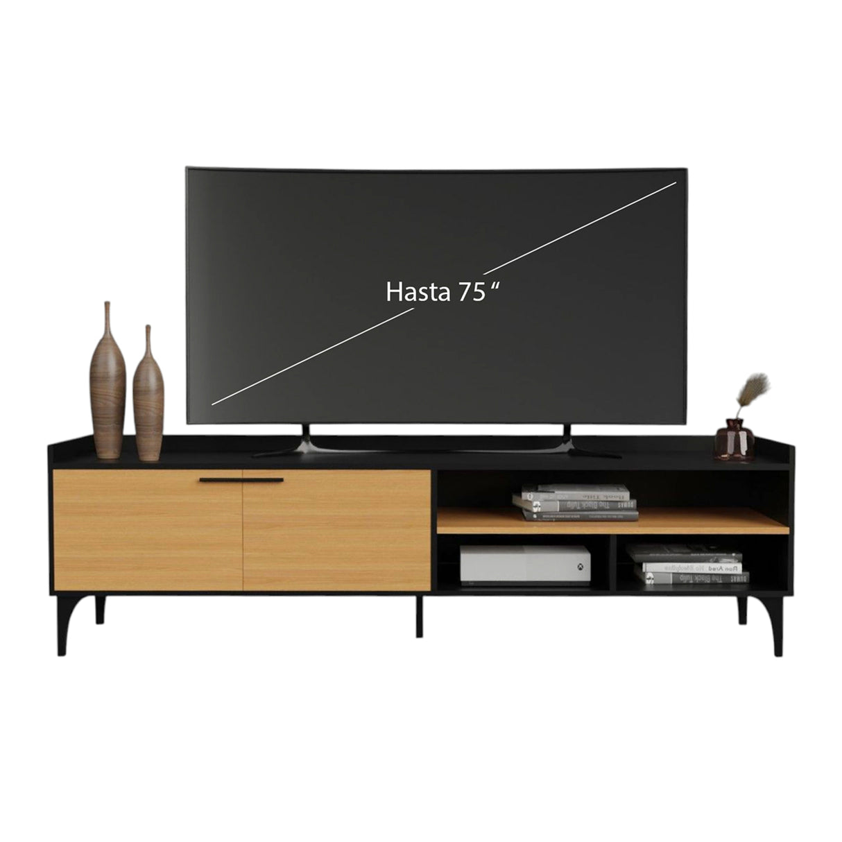 Mesa para TV Style Negro y Fresno 180x55cm para TV Hasta 77" Pulgadas con Cuatro Compartimientos