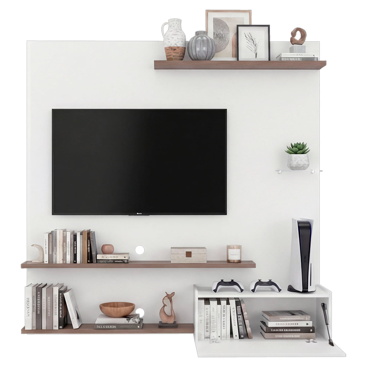 Panel de TV Henry Blanco Marquez y Avellana 180x180cm para TV Hasta 65" Pulgadas con Ranura para Cables