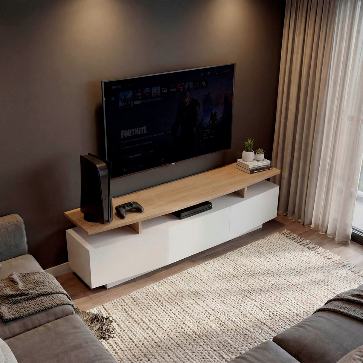 Rack de TV Serena Blanco Marquez y Fresno 180x51.1cm para TV Hasta 65" Pulgadas con Un Cajón y con Tres Compartimientos