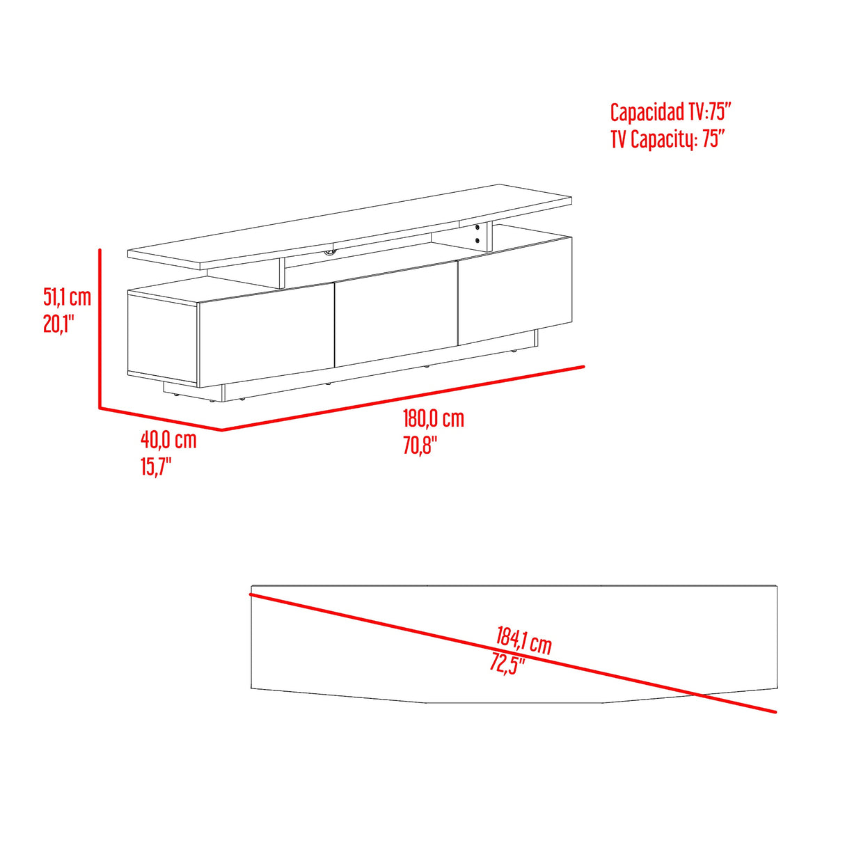 Rack de TV Serena Blanco Marquez y Fresno 180x51.1cm para TV Hasta 65" Pulgadas con Un Cajón y con Tres Compartimientos