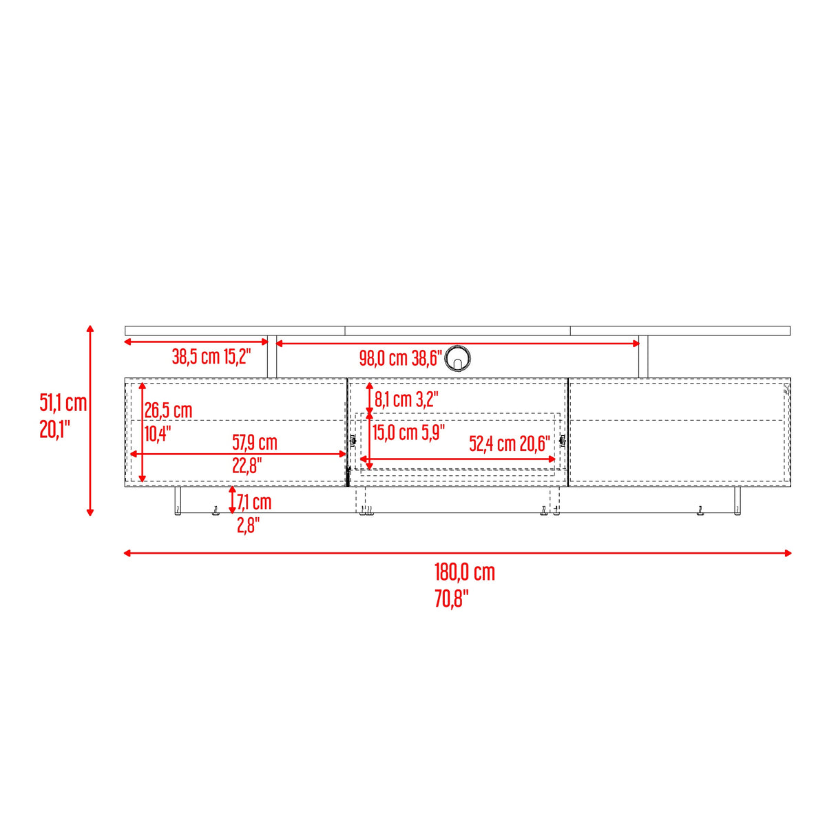 Rack de TV Serena Blanco Marquez y Fresno 180x51.1cm para TV Hasta 65" Pulgadas con Un Cajón y con Tres Compartimientos