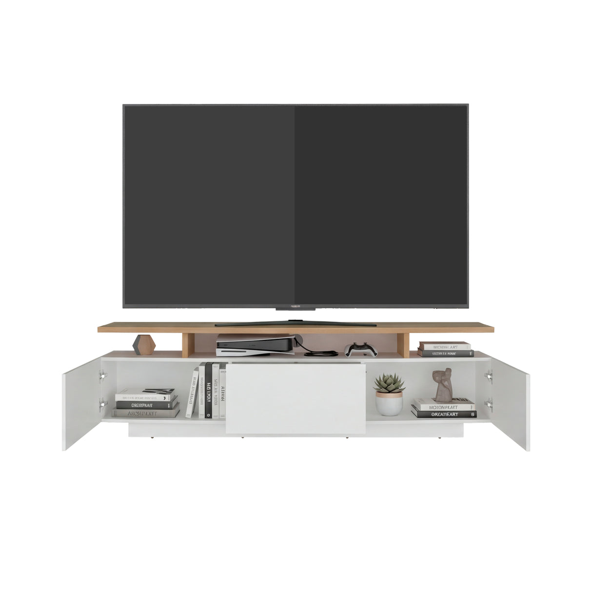 Rack de TV Serena Blanco Marquez y Fresno 180x51.1cm para TV Hasta 65" Pulgadas con Un Cajón y con Tres Compartimientos