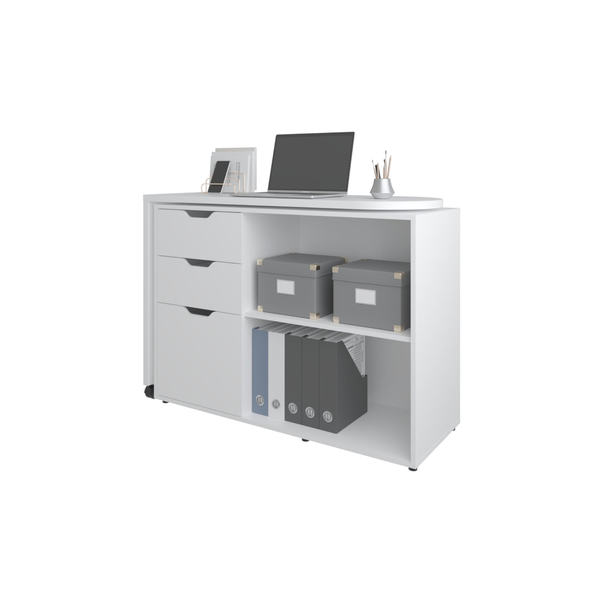 Escritorio Transformable Mova Blanco Marquez 112.9x80.7cm con Tres Cajones y con Organizador de Libros