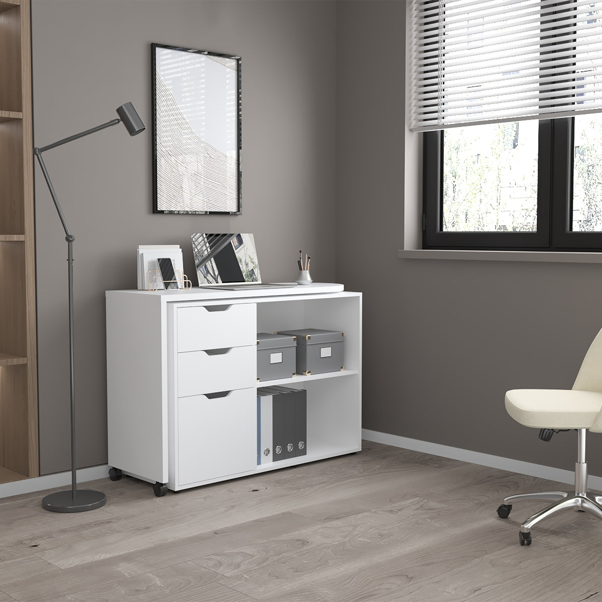 Escritorio Transformable Mova Blanco Marquez 112.9x80.7cm con Tres Cajones y con Organizador de Libros