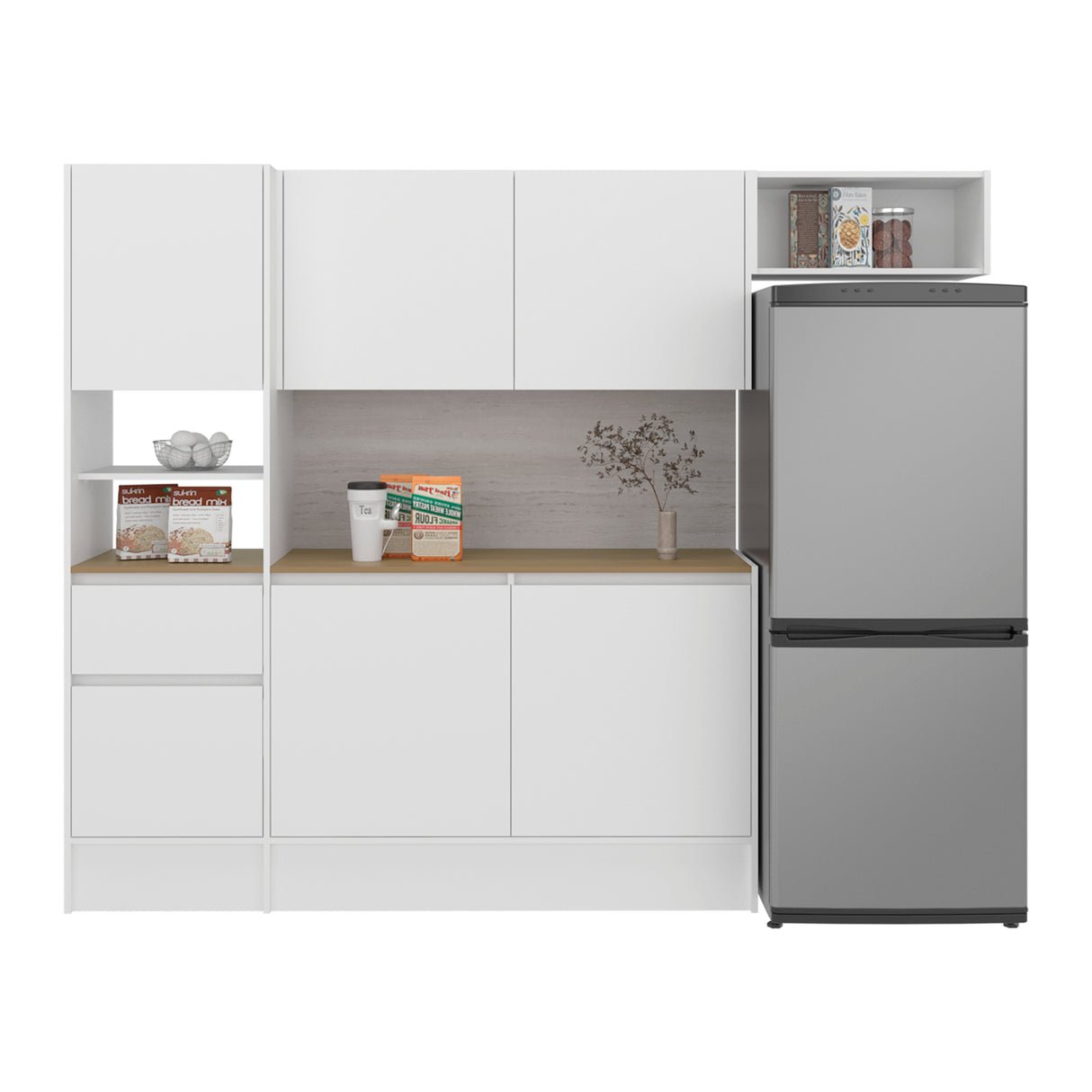 Cocina Dali Blanco y Fresno Europeo 229x182.5cm sin Mesón y sin Pozuelo