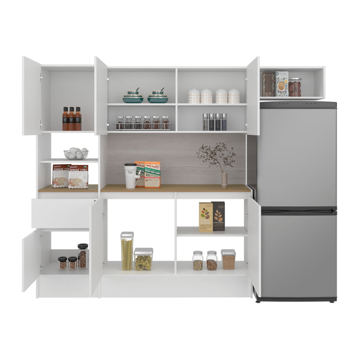 Cocina Dali Blanco y Fresno Europeo 229x182.5cm sin Mesón y sin Pozuelo