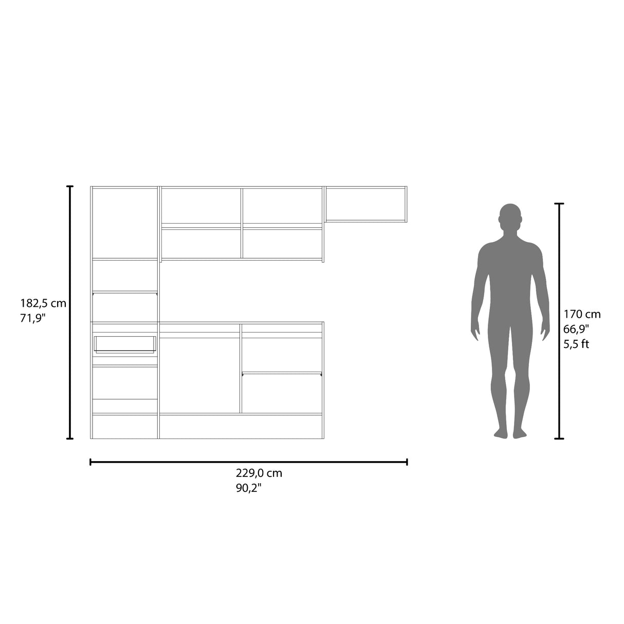 Cocina Dali Blanco y Fresno Europeo 229x182.5cm sin Mesón y sin Pozuelo