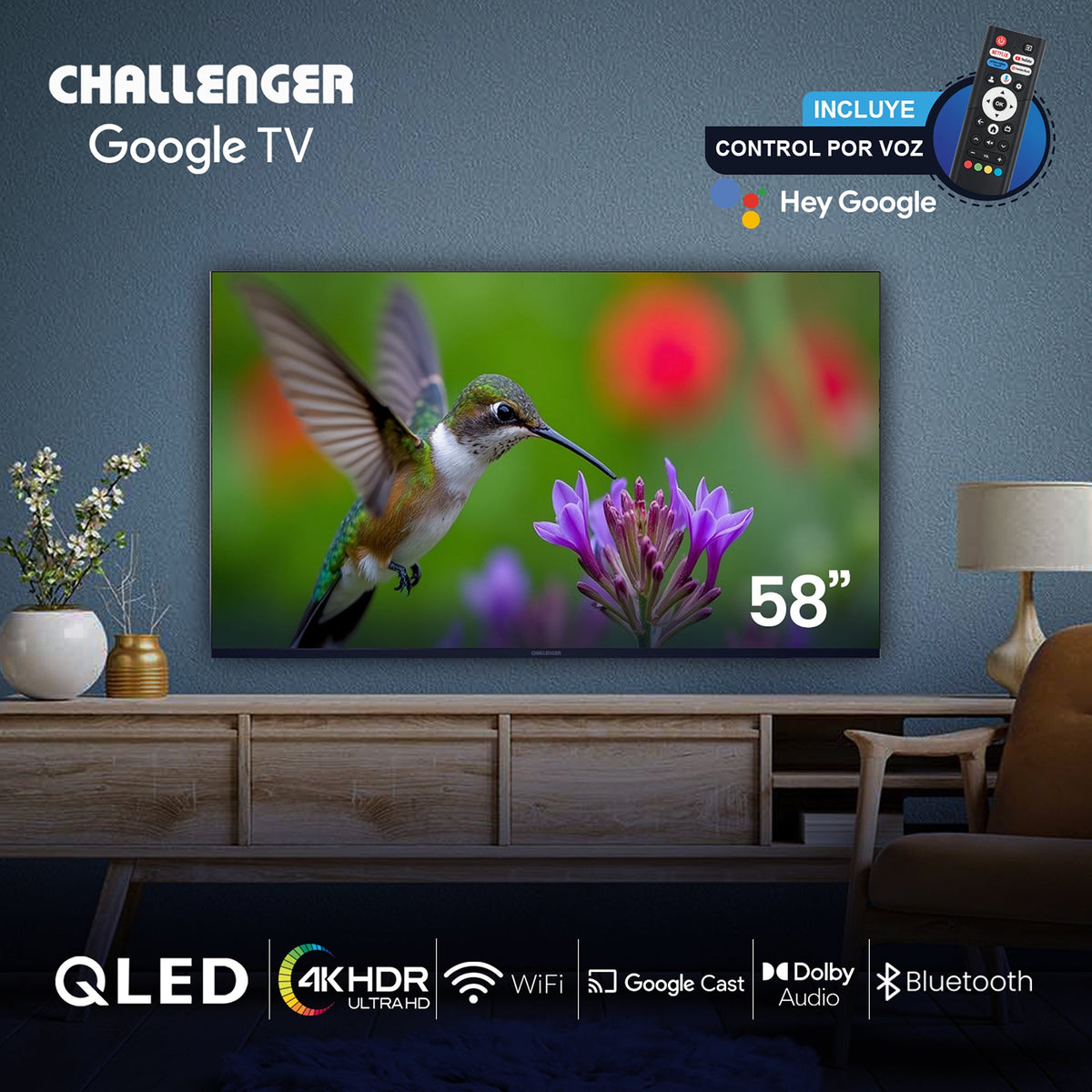 Televisor Challenger Google TV Negro 128.5x80.5cm de 58" Pulgadas Qled 4K 2160P Smart con Bluetooth y Wifi Integrado