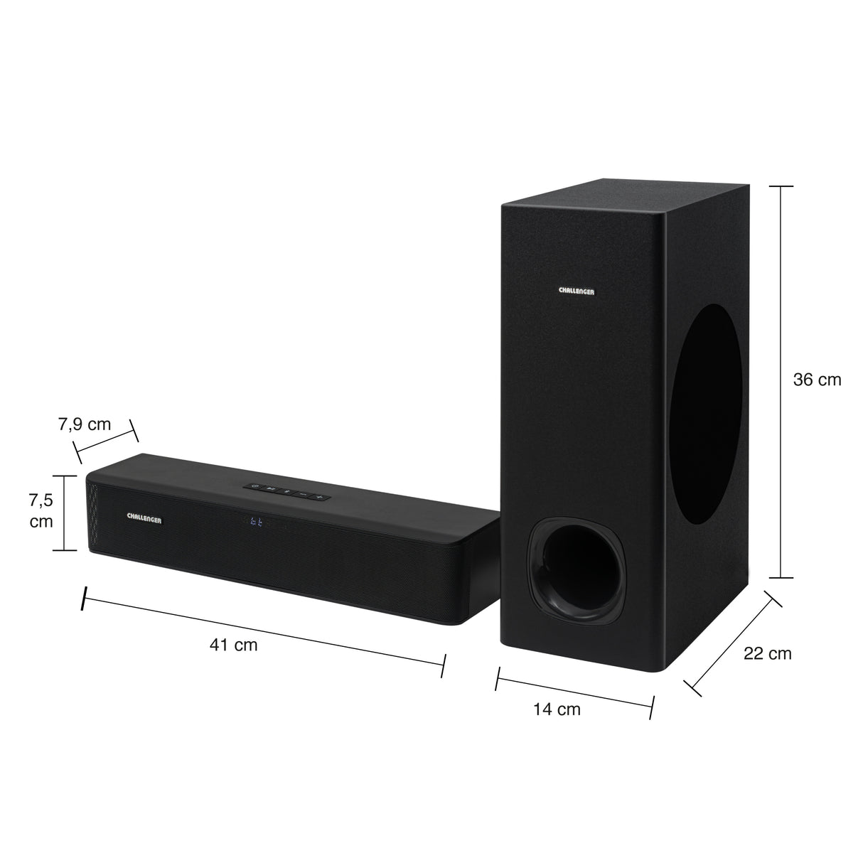 Barra de Sonido con Subwoofer Challenger Negro 55x43.9cm con Bluetooth y Control Remoto - BARRAS DE SONIDO | Bylmo