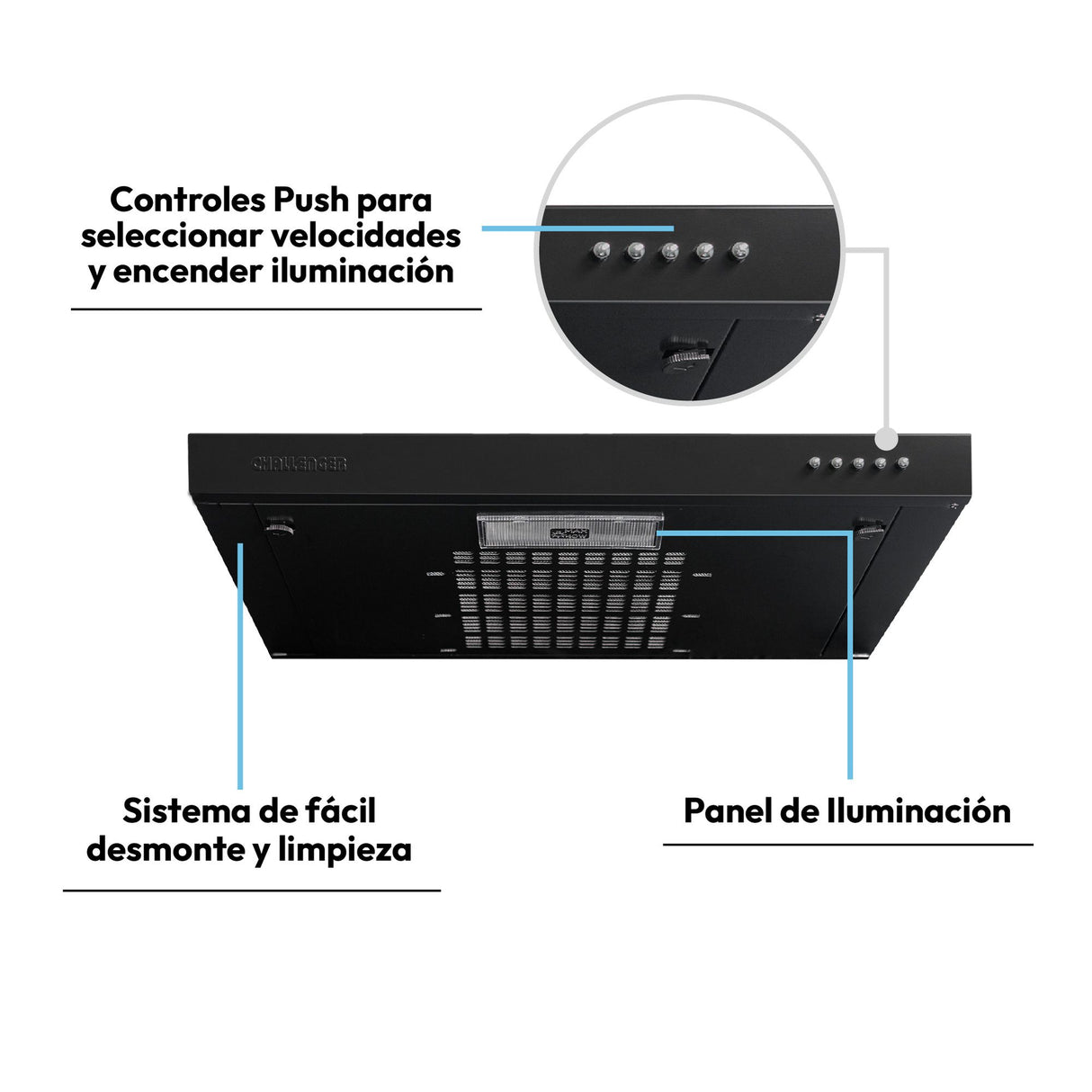 Campana Extractora Challenger Negro 59.7x8cm de Tres Velocidades - CAMPANAS Y EXTRACTORES | Bylmo