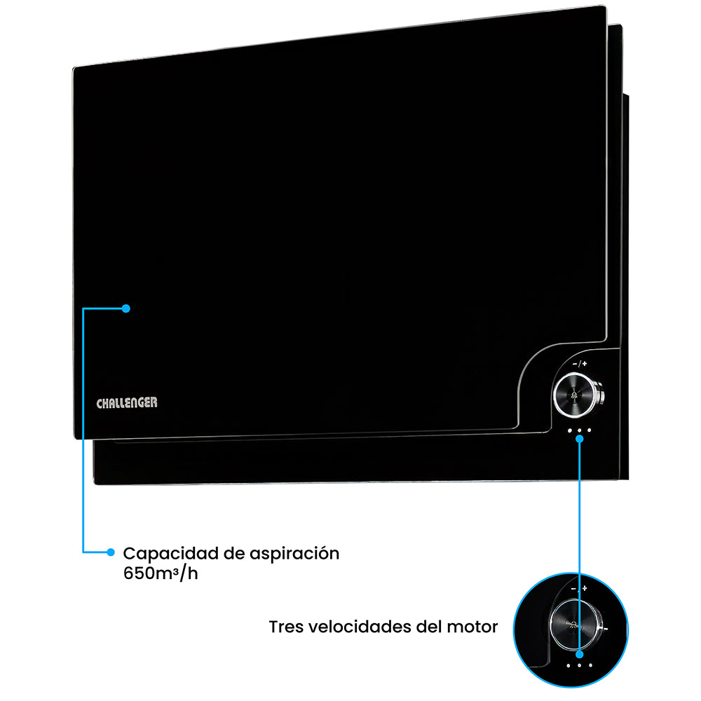 Campana Península Challenger Aura Negro 60x79.5cm de Tres Velocidades - CAMPANAS Y EXTRACTORES | Bylmo