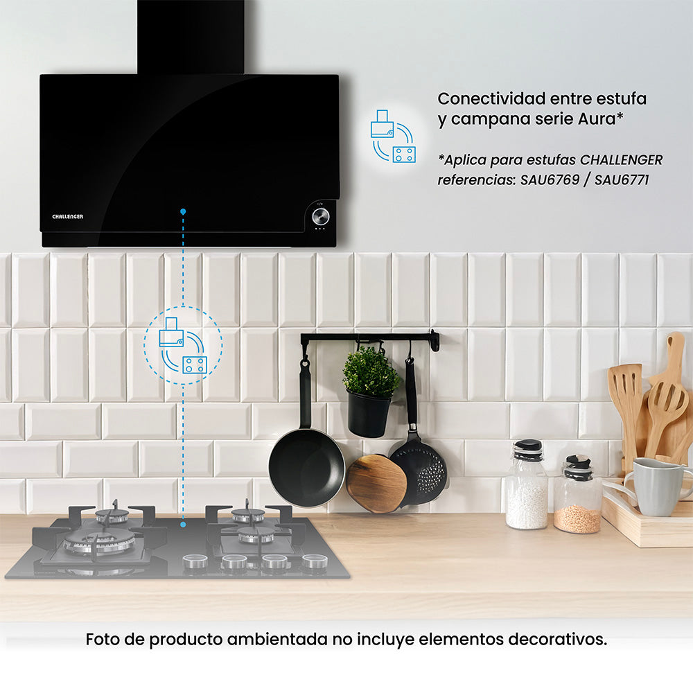 Campana Península Challenger Aura Negro 75x79.5cm de Tres Velocidades - CAMPANAS Y EXTRACTORES | Bylmo