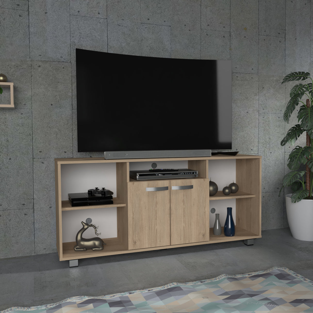 Mesa para TV Arena y Blanco 140x65cm Para TV Hasta 60 Pulgadas con Un Cajón con Ranuras para Cables y con Patas - MUEBLES DE TV | Bylmo