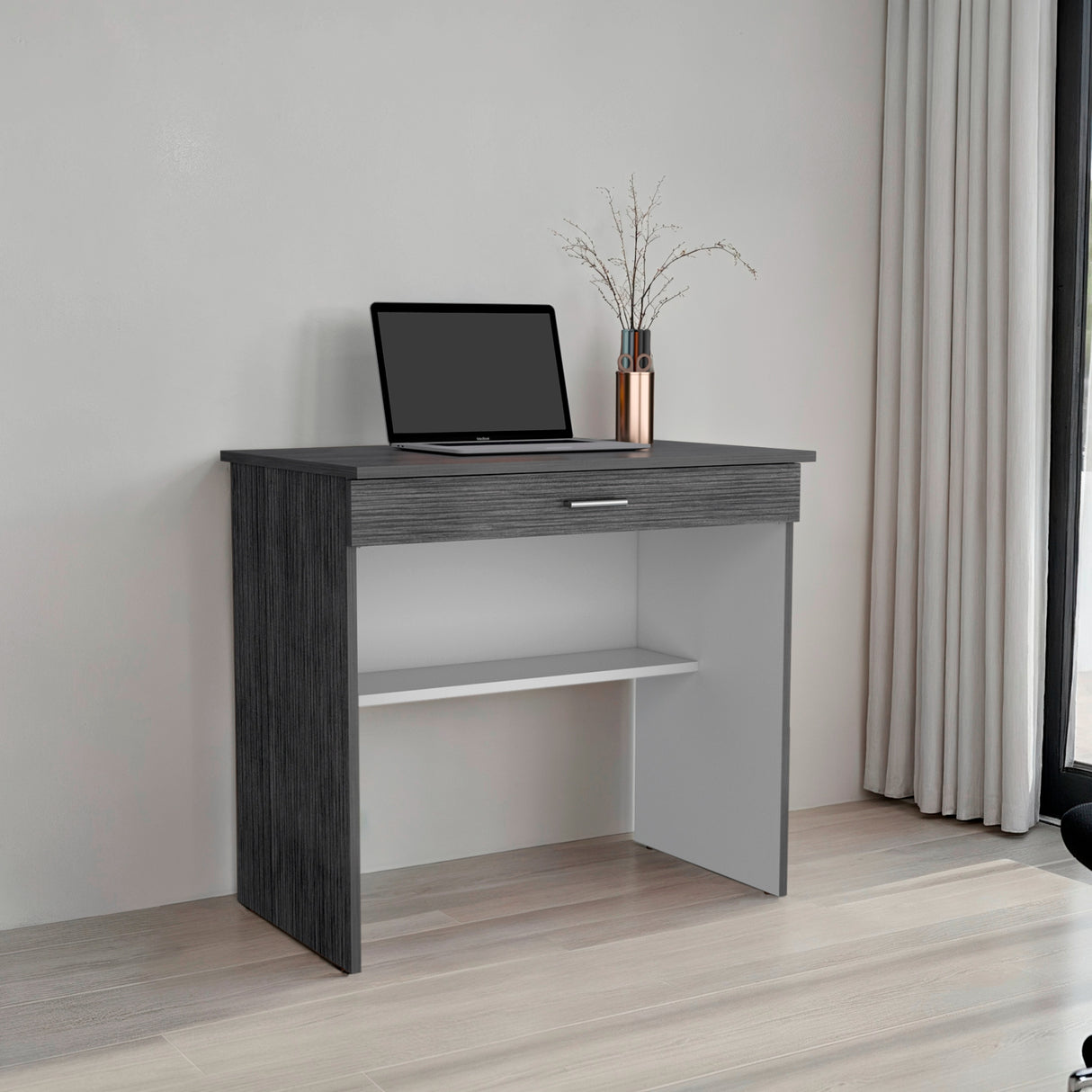 Escritorio 80C Roble Gris y Blanco 80x73.6cm con Un Cajón - ESCRITORIOS | Bylmo