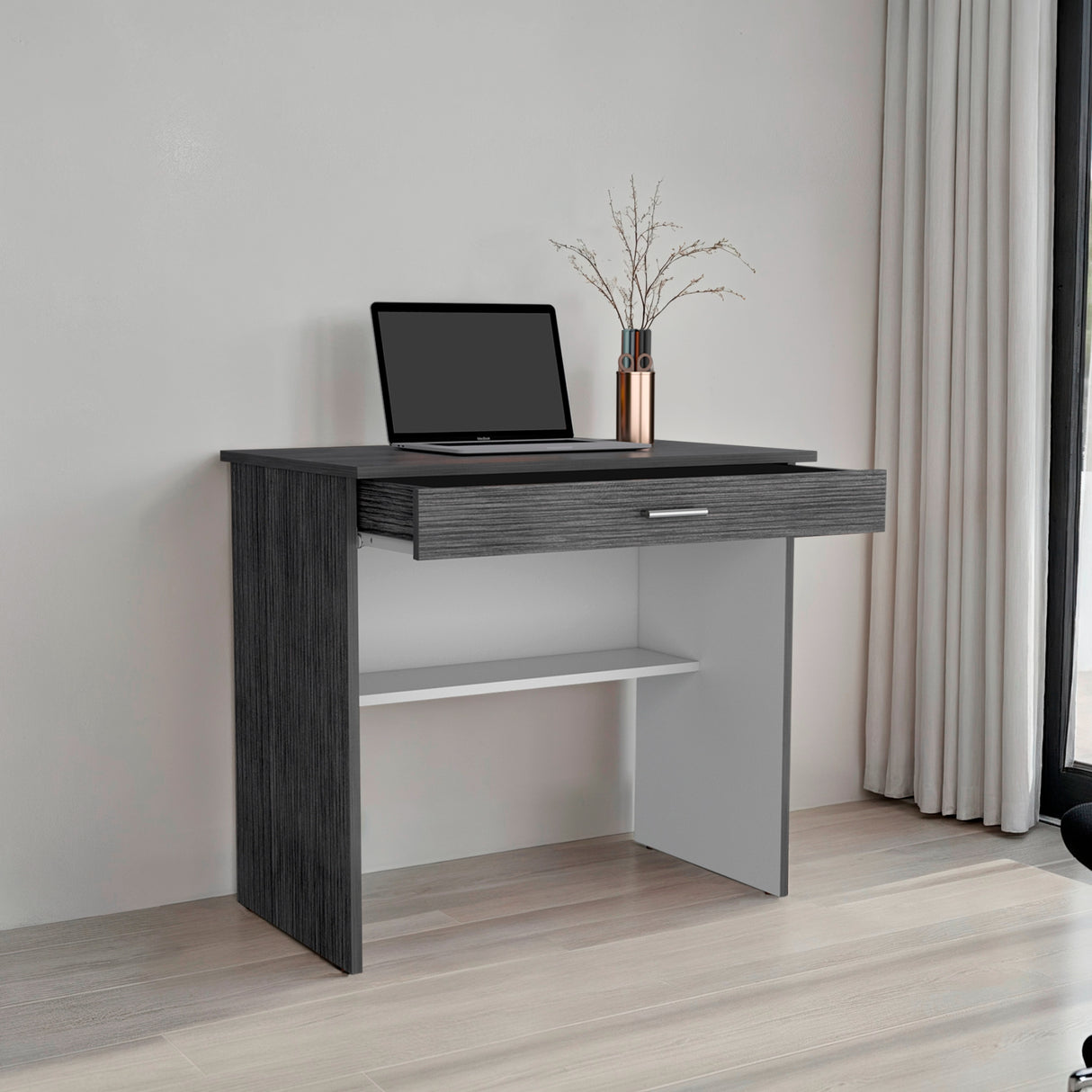 Escritorio 80C Roble Gris y Blanco 80x73.6cm con Un Cajón - ESCRITORIOS | Bylmo