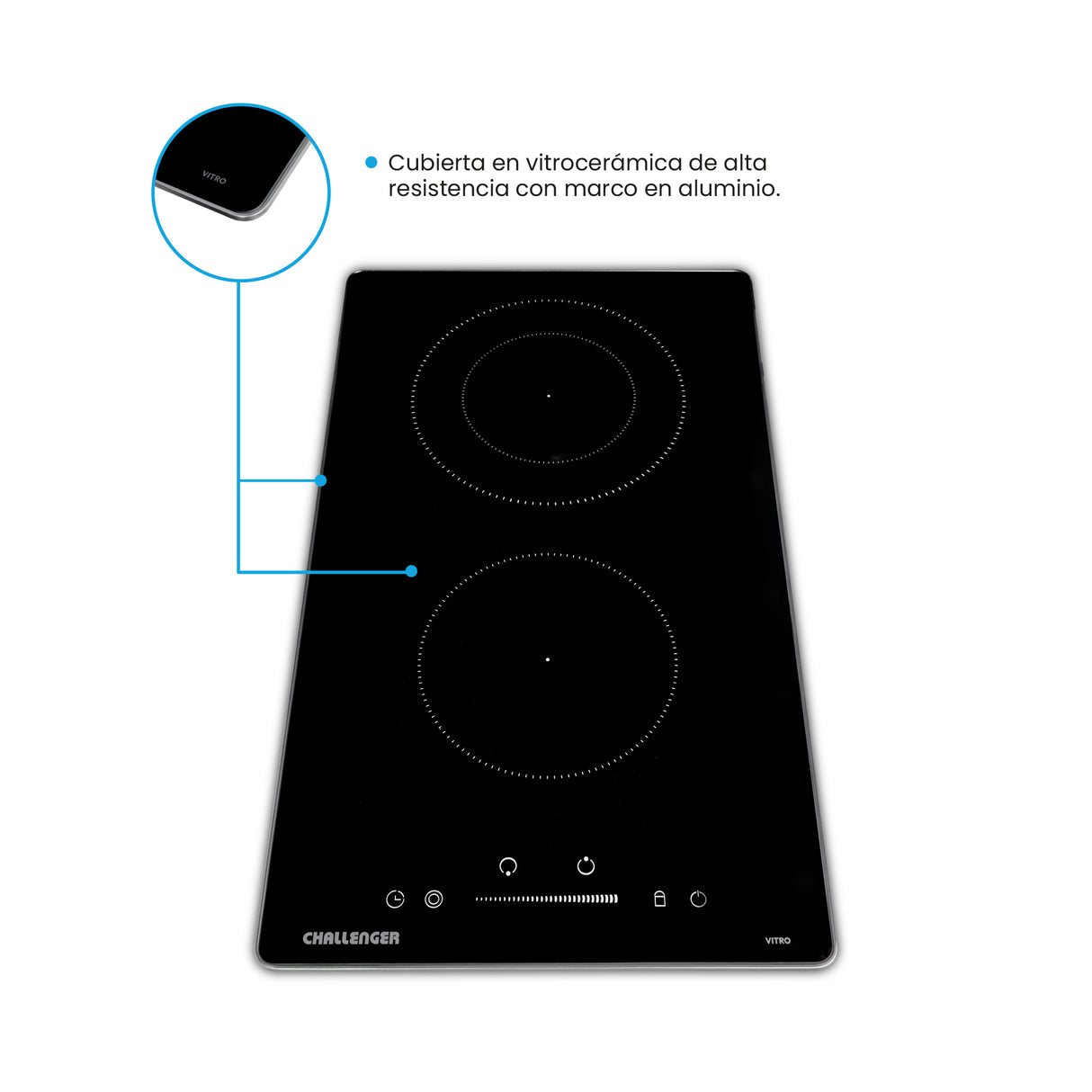Estufa de Empotrar Challenger Vitrocerámica Negro 30x50cm 220 Voltios con Dos Quemadores y con Pantalla Digital - ESTUFAS DE EMPORTRAR Y CUBIERTAS | Bylmo