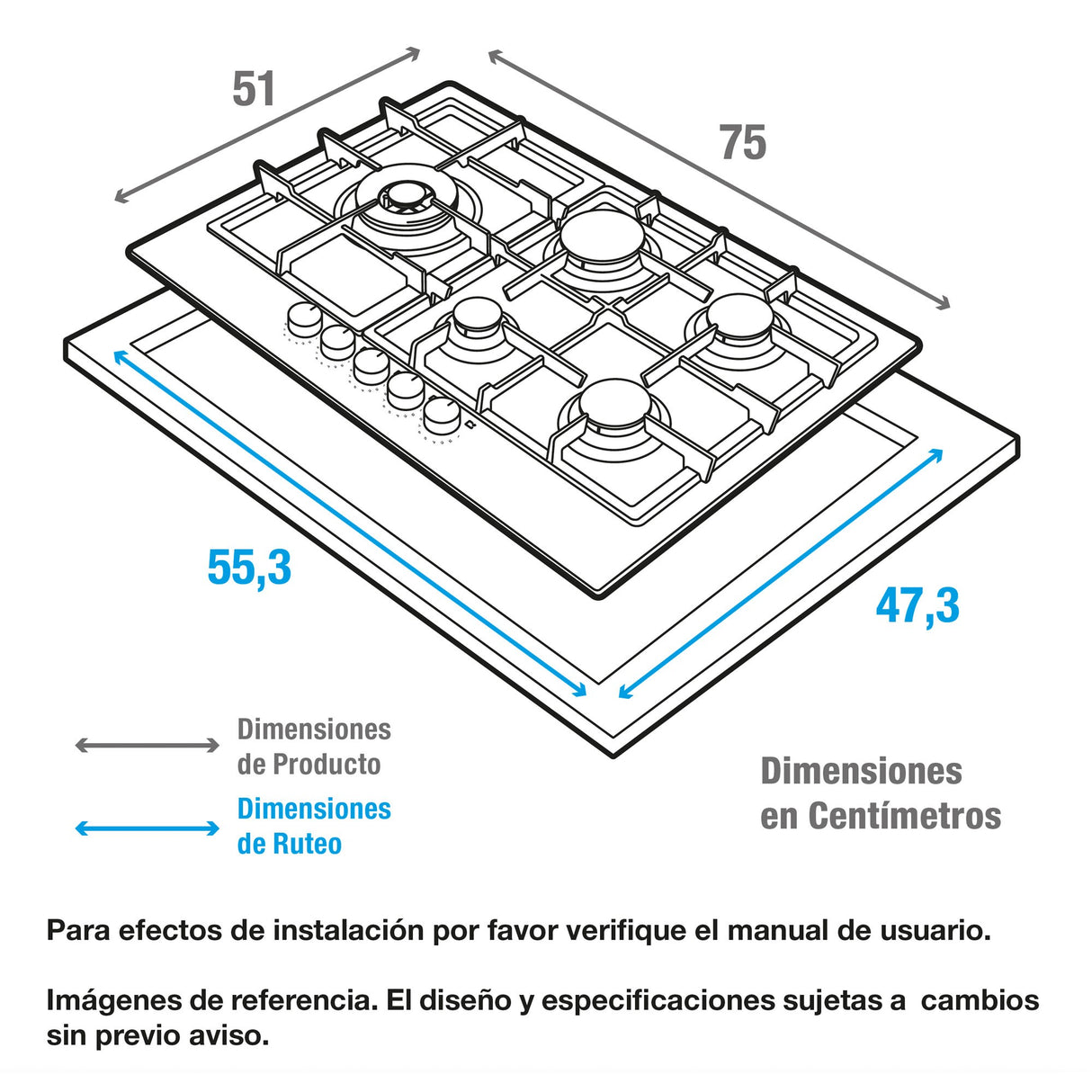 Estufa de Empotrar Challenger Verona Plateado y Negro 75x51cm 110 Voltios para Gas Natural con Cinco Quemadores - ESTUFAS DE EMPORTRAR Y CUBIERTAS | Bylmo