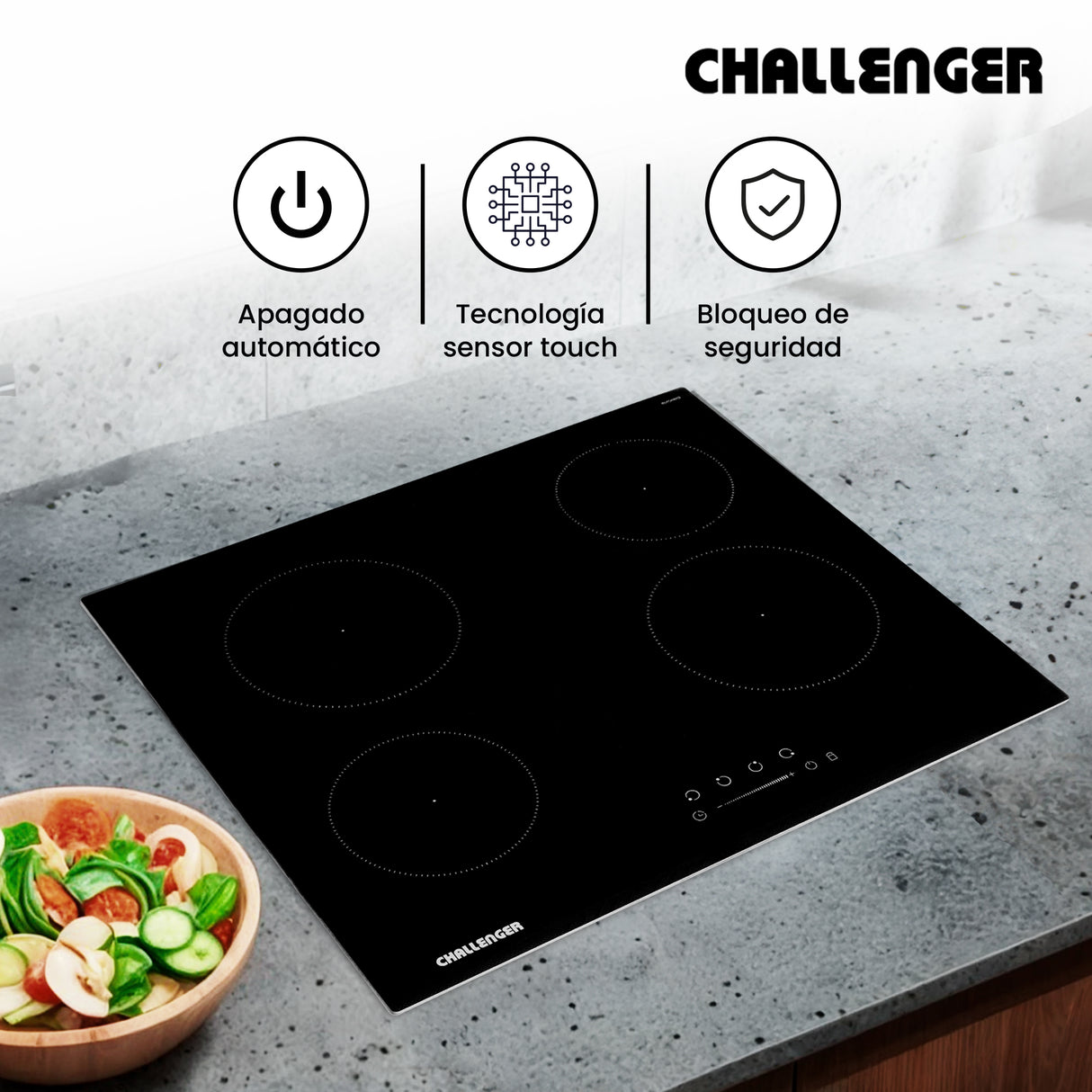 Estufa de Empotrar Challenger Vitrocerámica Negro 56x49cm 220 Voltios con Cuatro Quemadores y con Pantalla Digital - ESTUFAS DE EMPORTRAR Y CUBIERTAS | Bylmo