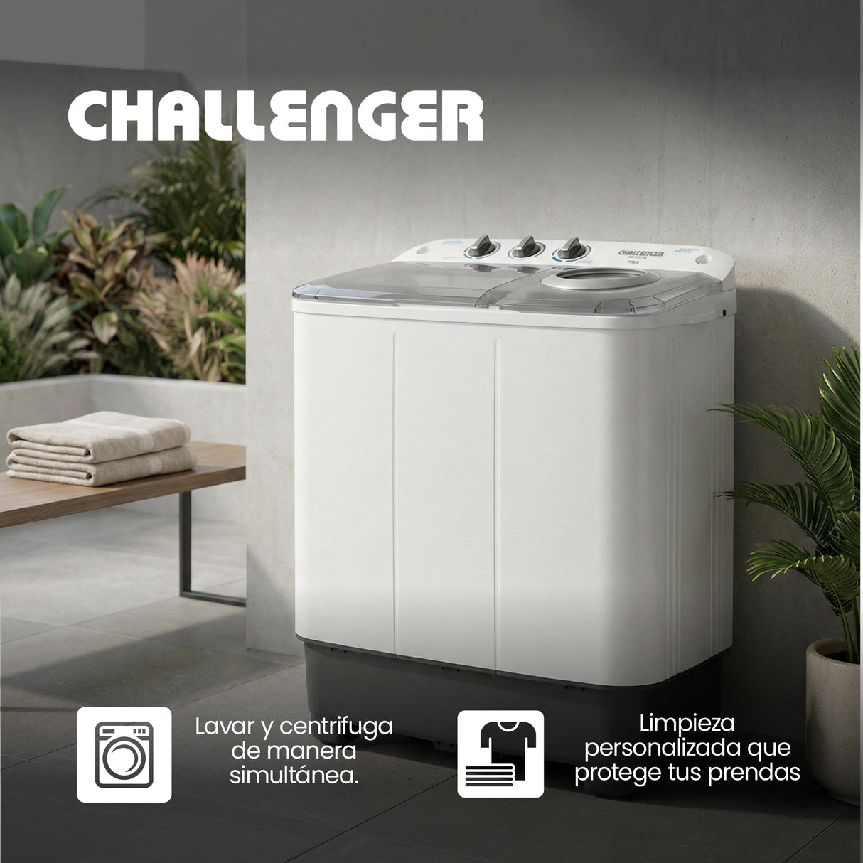 Lavadora Semiautomática Challenger Blanco y Gris 76.1x88.5cm 11 Kilogramos - LAVADORAS Y SECADORAS | Bylmo