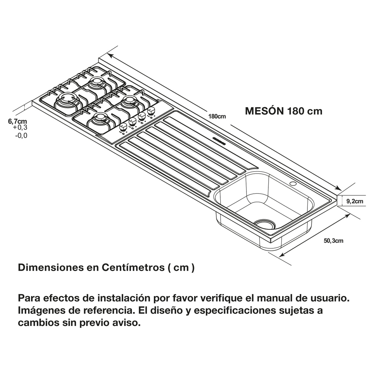 Mesón de Cocina Challenger Gris 180x50.3cm de Acero Inoxidable con Pozuelo Lado Derecho y con Estufa - MESONES DE COCINA | Bylmo