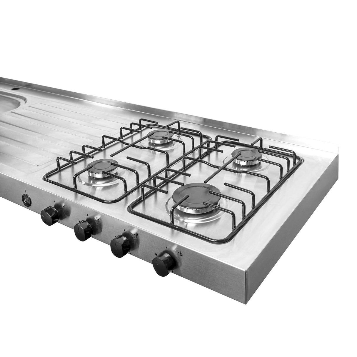 Mesón de Cocina Challenger Gris 150x50cm de Acero Inoxidable con Pozuelo Lado Izquierdo y con Estufa - MESONES DE COCINA | Bylmo
