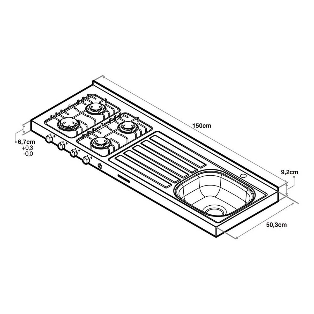 Mesón de Cocina Challenger Gris 150x50cm de Acero Inoxidable con Pozuelo Lado Derecho y con Estufa - MESONES DE COCINA | Bylmo