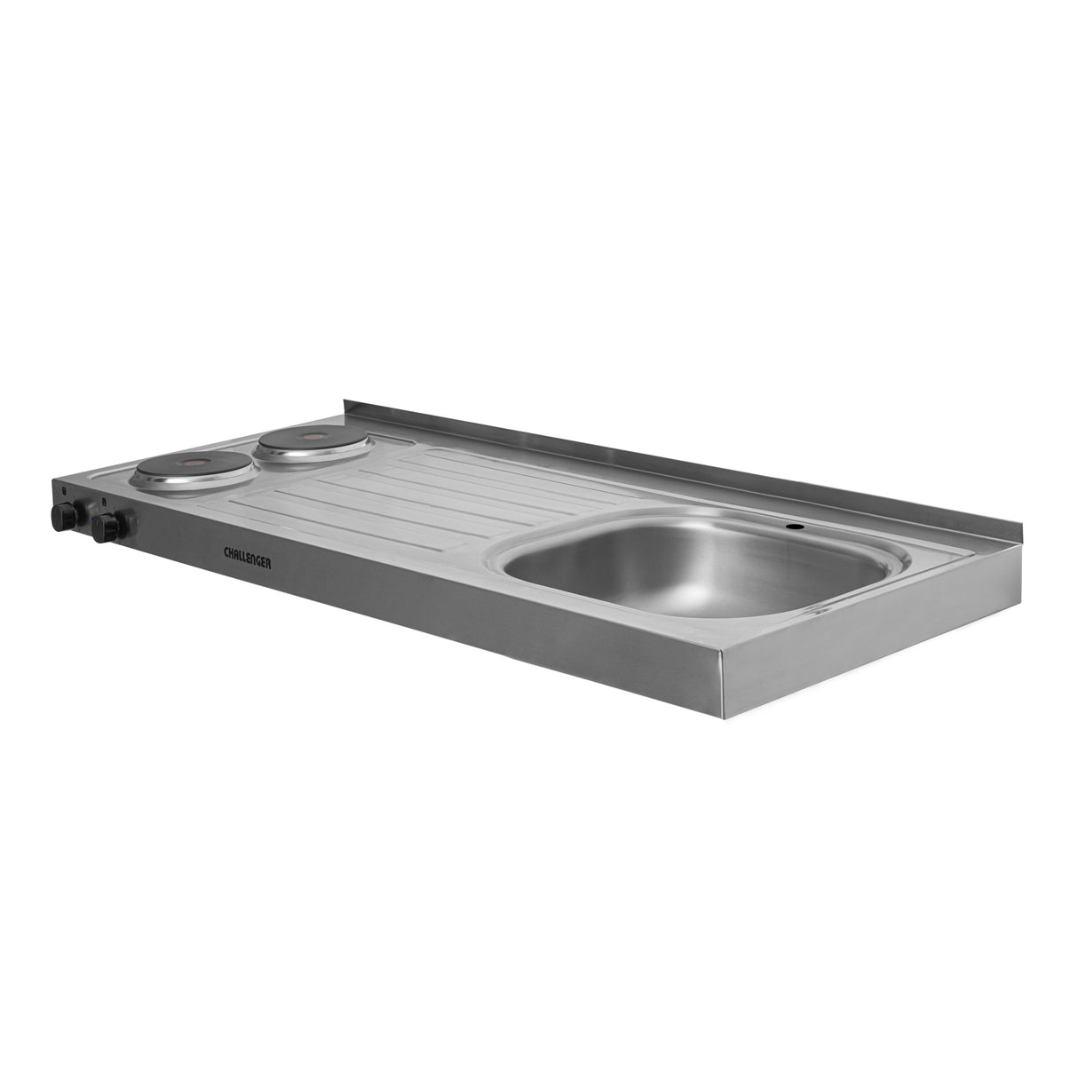 Mesón de Cocina Challenger Gris 120x50cm de Acero Inoxidable con Pozuelo Lado Derecho y con Estufa - MESONES DE COCINA | Bylmo