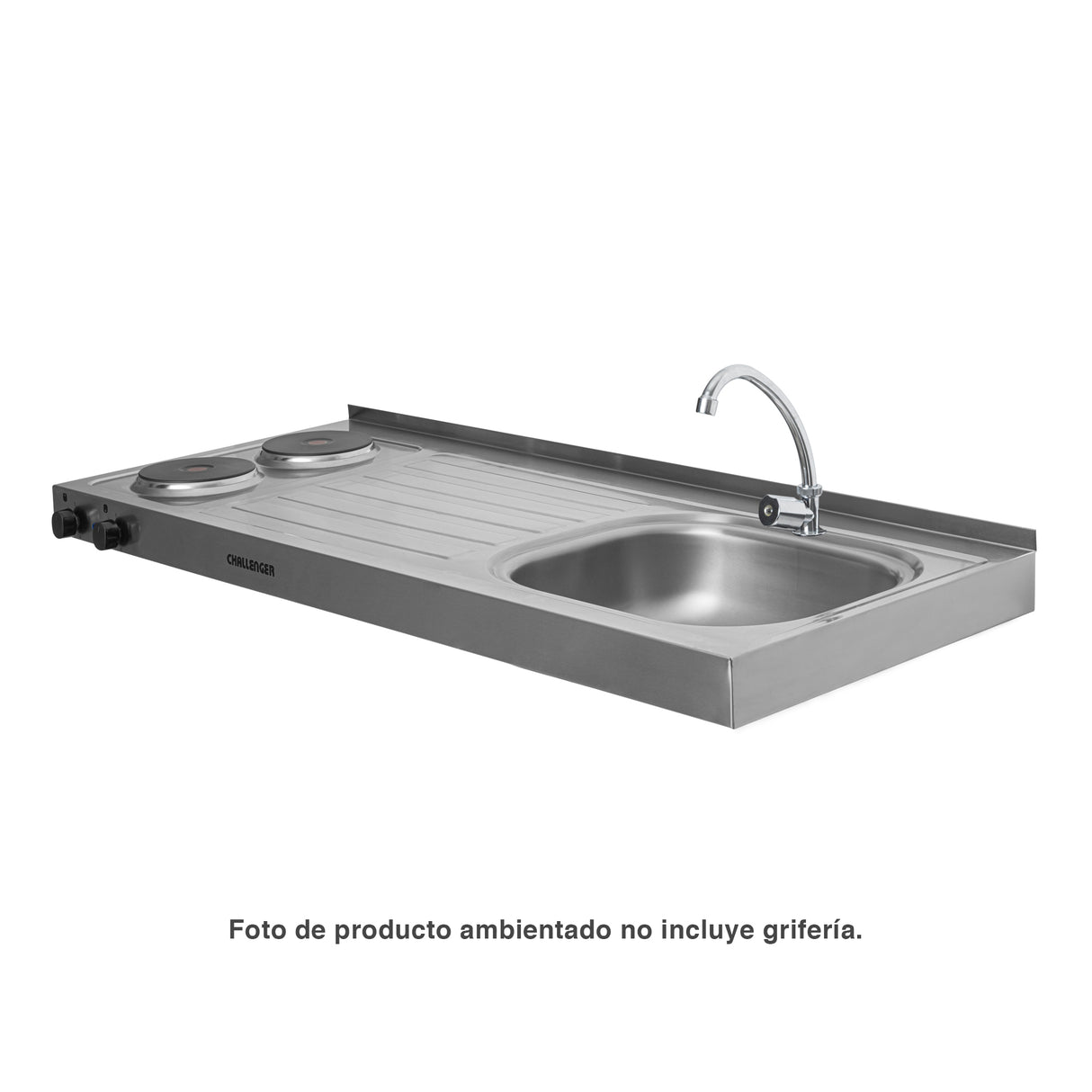 Mesón de Cocina Challenger Gris 120x50cm de Acero Inoxidable con Pozuelo Lado Derecho y con Estufa - MESONES DE COCINA | Bylmo