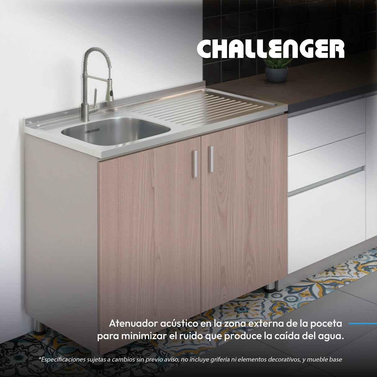 Mesón de Cocina Challenger Gris 100x50cm de Acero Inoxidable con Pozuelo Lado Izquierdo y sin Estufa - MESONES DE COCINA | Bylmo