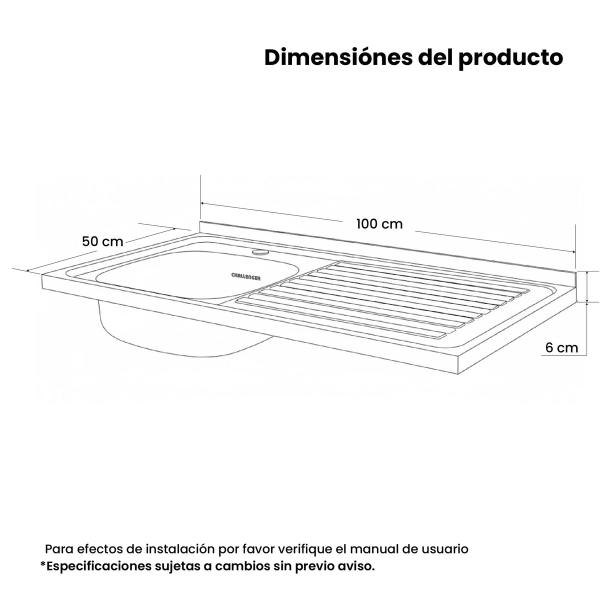 Mesón de Cocina Challenger Gris 100x50cm de Acero Inoxidable con Pozuelo Lado Izquierdo y sin Estufa - MESONES DE COCINA | Bylmo