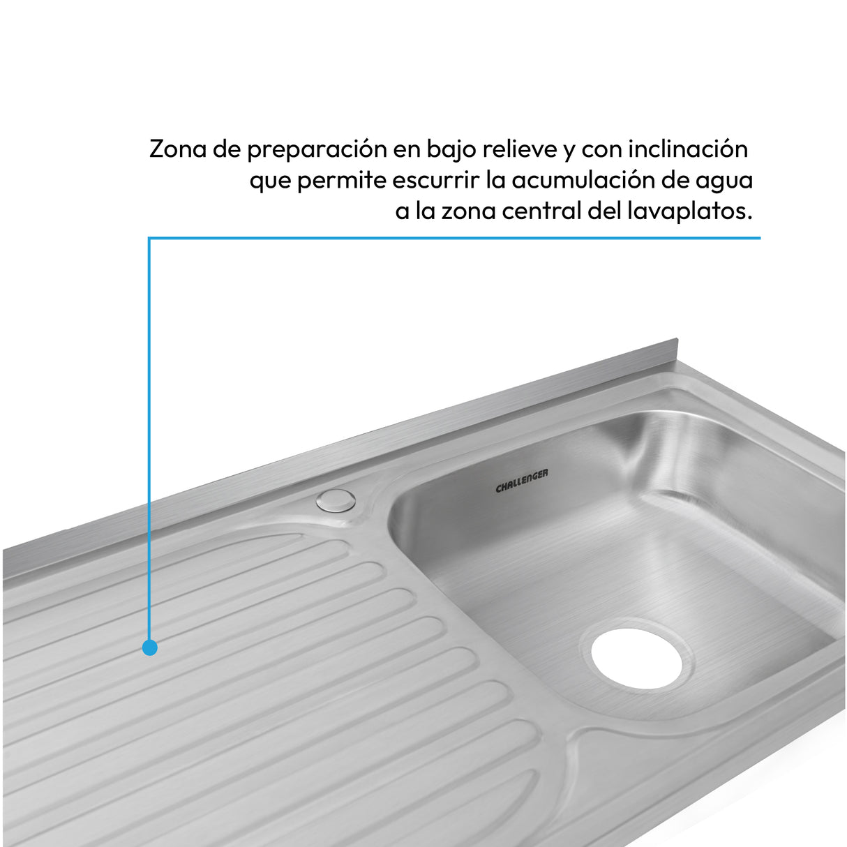 Mesón de Cocina Challenger Gris 120x50cm de Acero Inoxidable con Pozuelo Lado Derecho y sin Estufa - MESONES DE COCINA | Bylmo