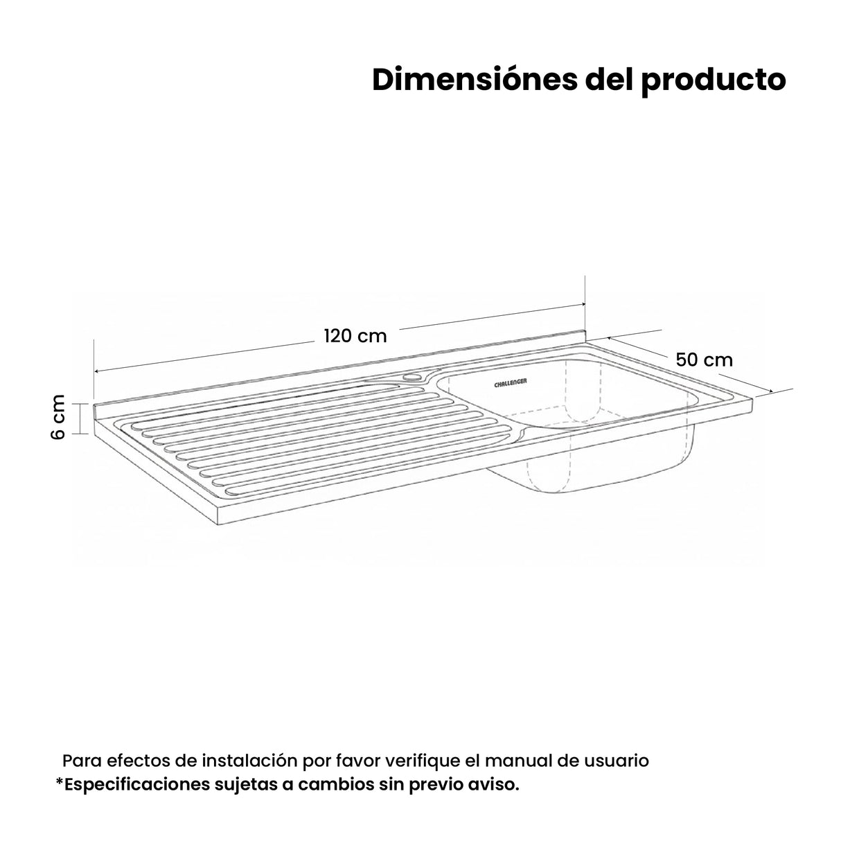 Mesón de Cocina Challenger Gris 120x50cm de Acero Inoxidable con Pozuelo Lado Derecho y sin Estufa - MESONES DE COCINA | Bylmo