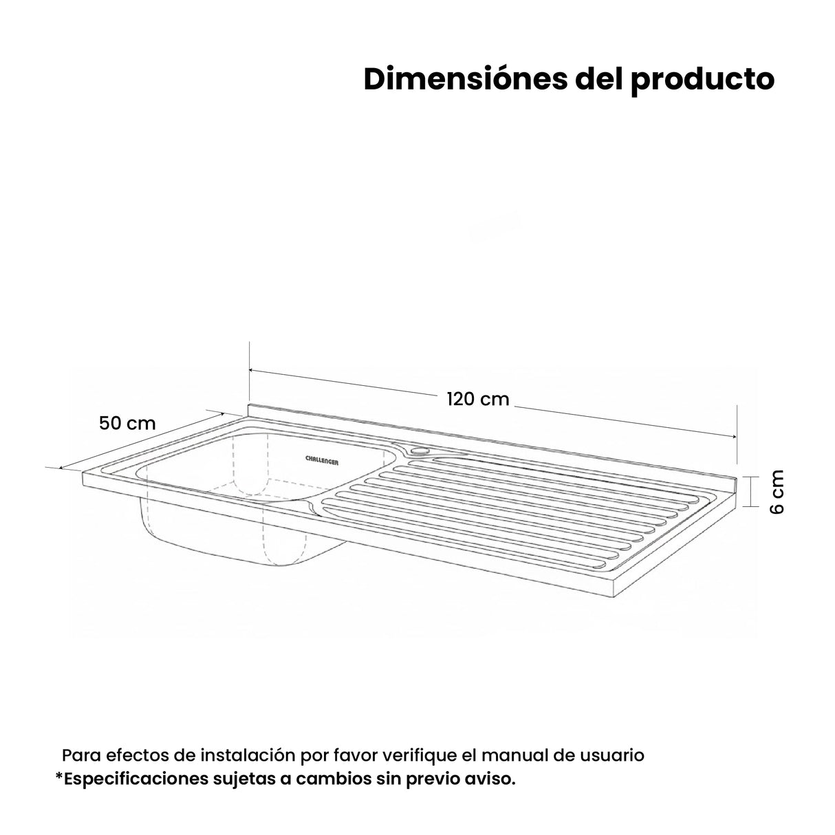 Mesón de Cocina Challenger Gris 120x50cm de Acero Inoxidable con Pozuelo Lado Izquierdo y sin Estufa - MESONES DE COCINA | Bylmo